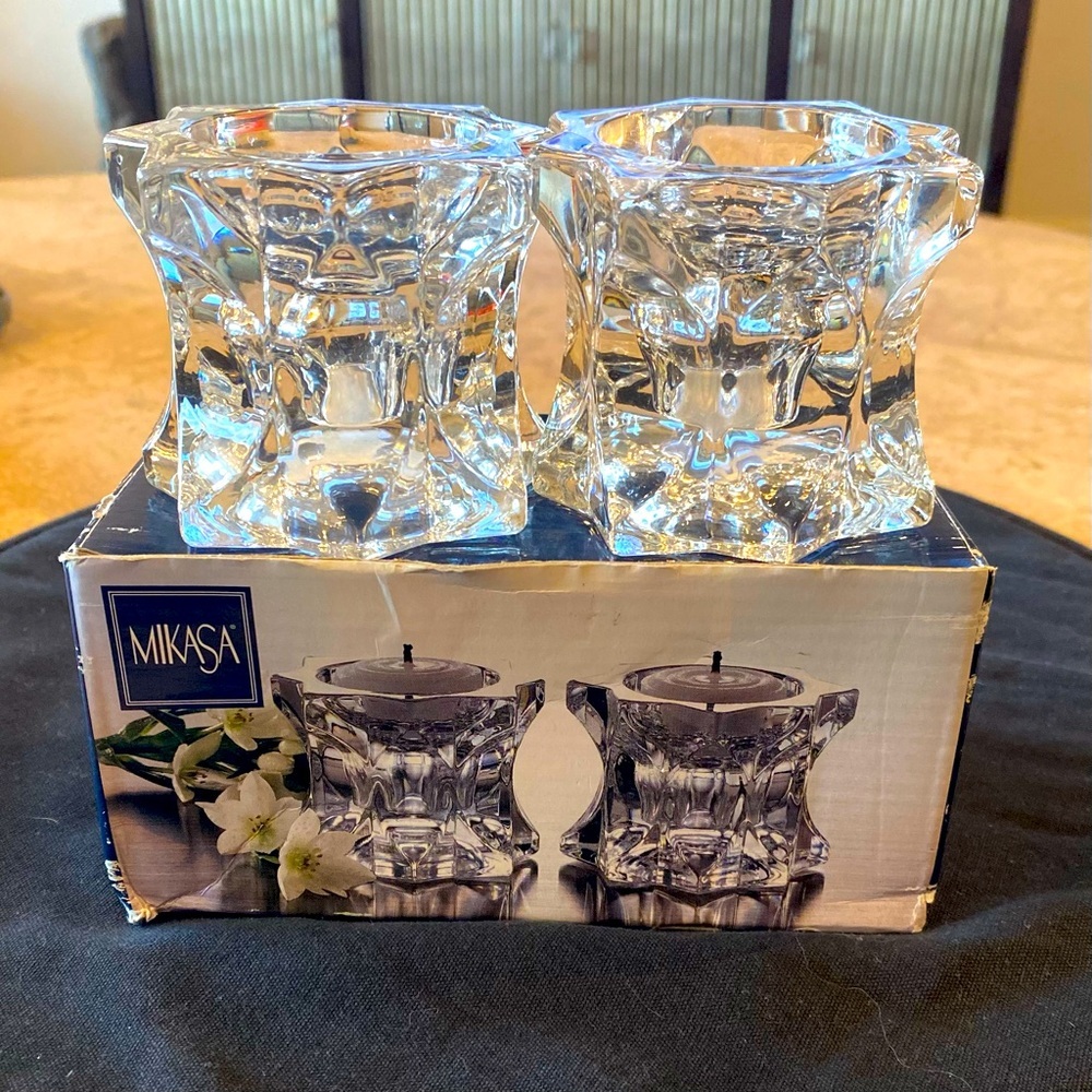 MIKASA CLEAR CRYSTAL SPARKLING STAR VOTIVE & TEA LIGHT CANDLE HOLDER SET NEW.